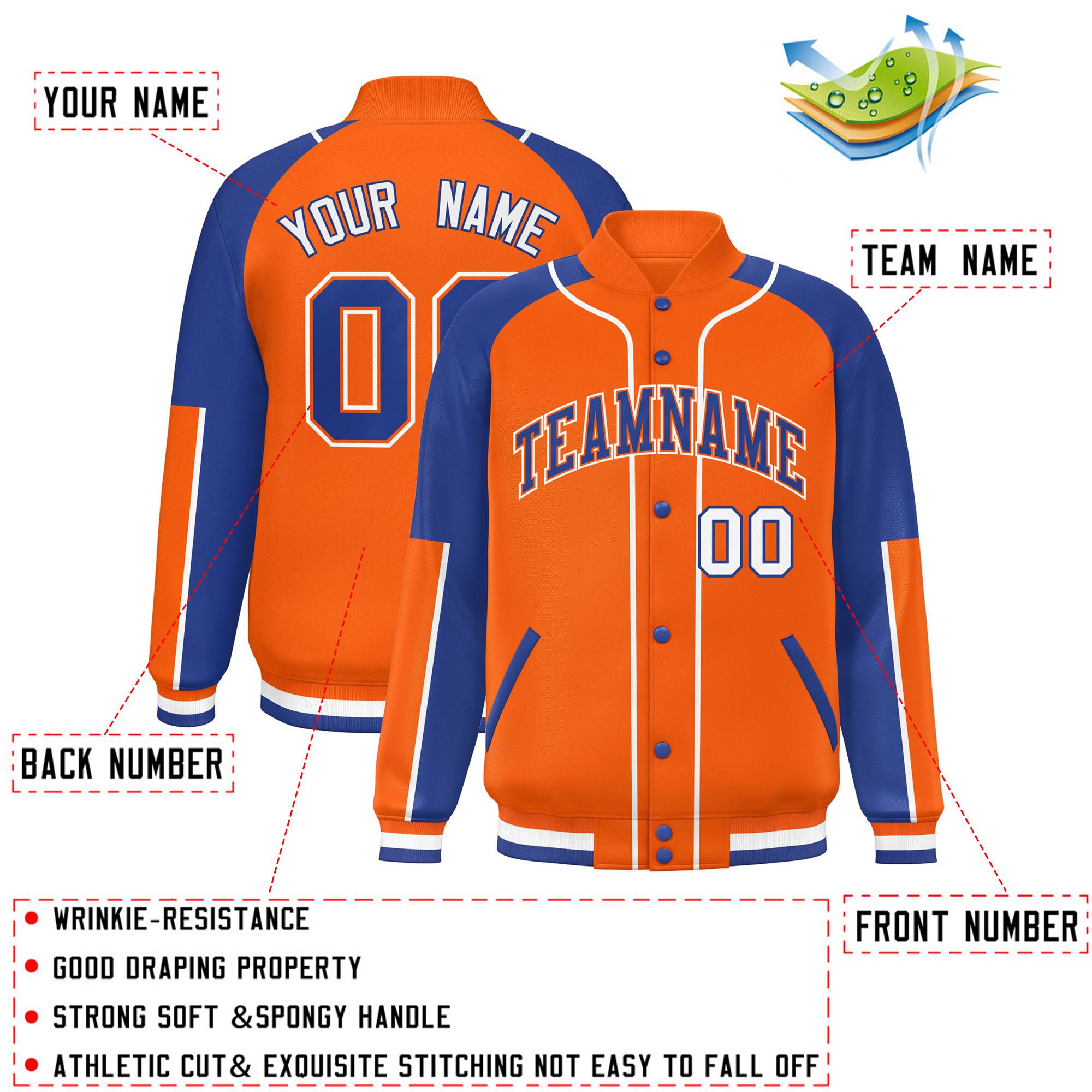 Custom Orange Royal-Orange Raglan Sleeves Varsity Full-Snap Letterman Baseball Jacket