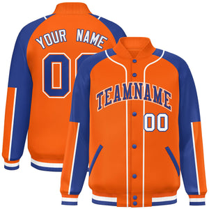 Custom Orange Royal-Orange Raglan Sleeves Varsity Full-Snap Letterman Baseball Jacket