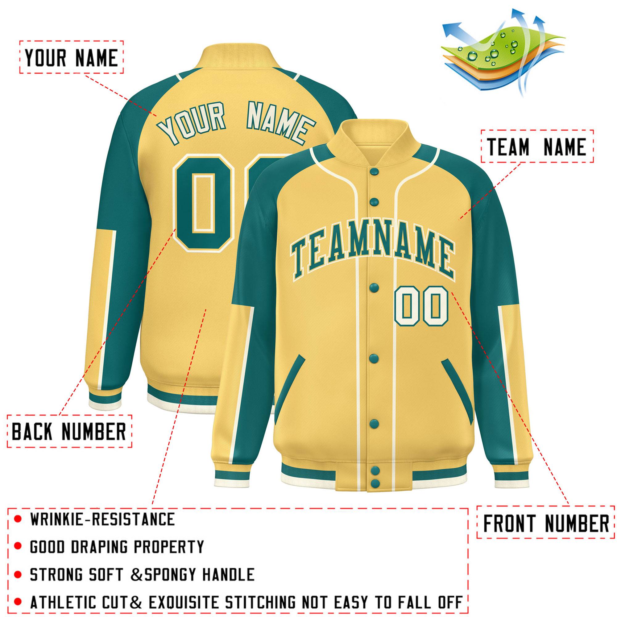 Custom Khaki Aqua-Khaki Raglan Sleeves Varsity Full-Snap Letterman Baseball Jacket