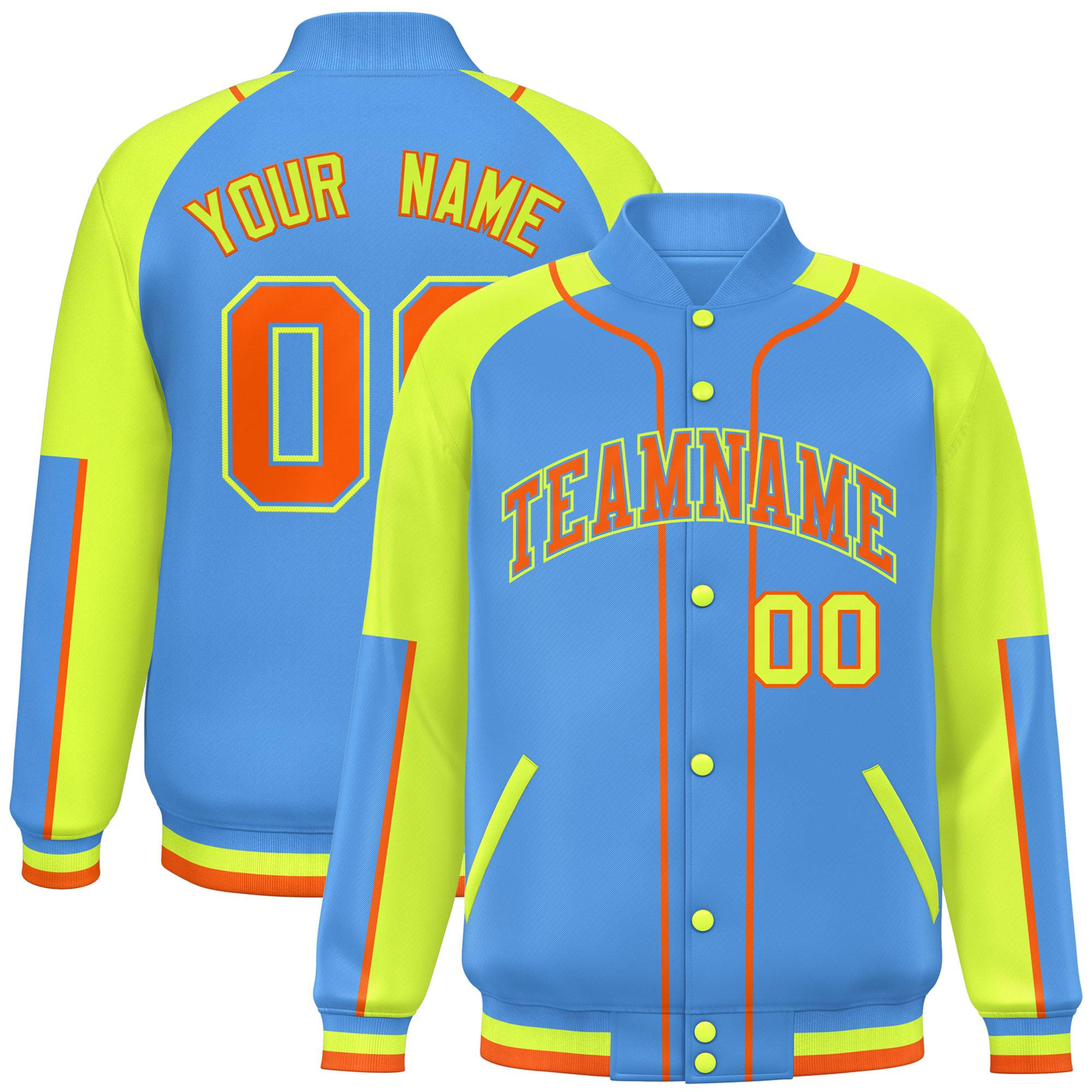 Custom Powder Blue Neon Green-Powder Blue Raglan Sleeves Varsity Full-Snap Letterman Baseball Jacket