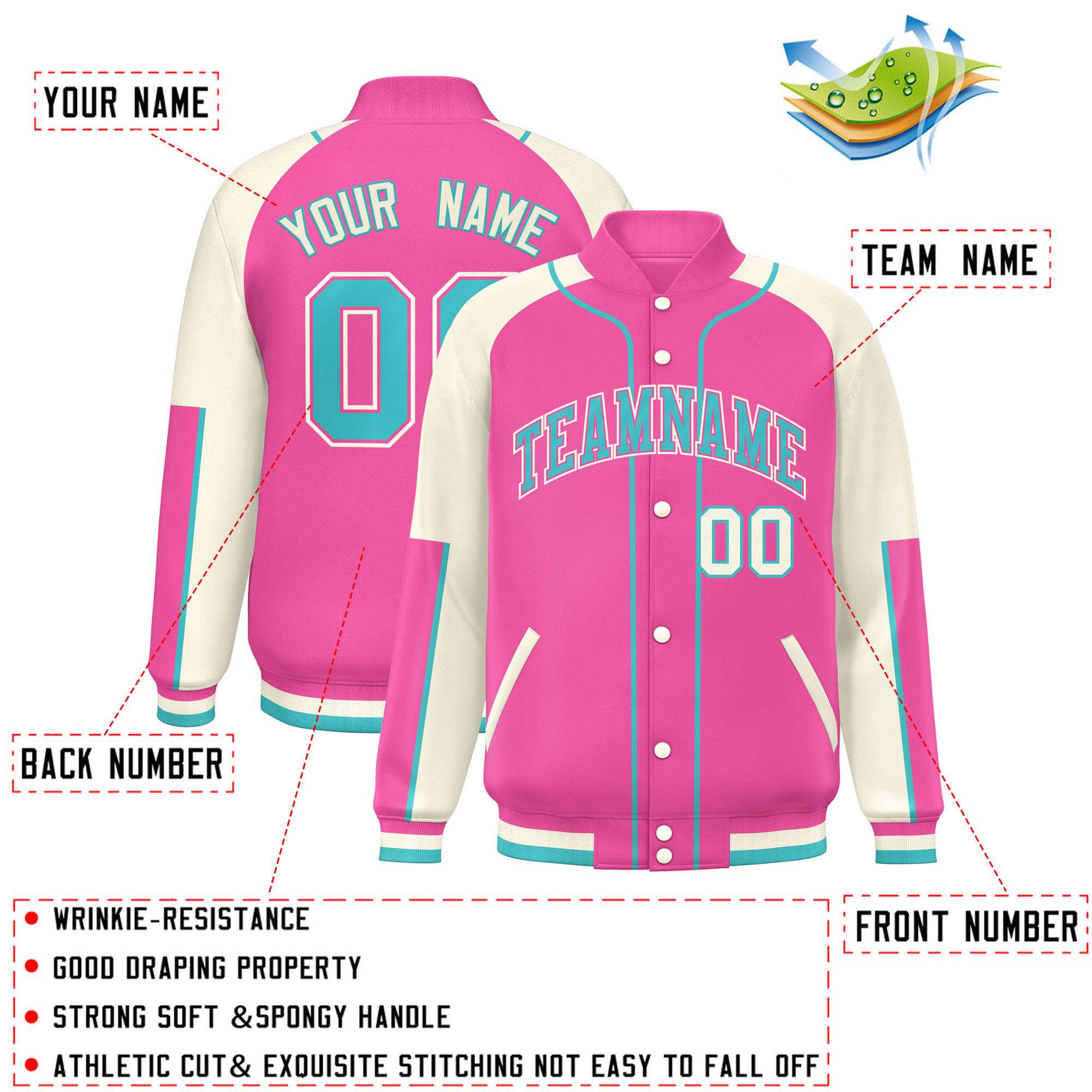 Custom Pink Cream-Pink Raglan Sleeves Varsity Full-Snap Letterman Baseball Jacket