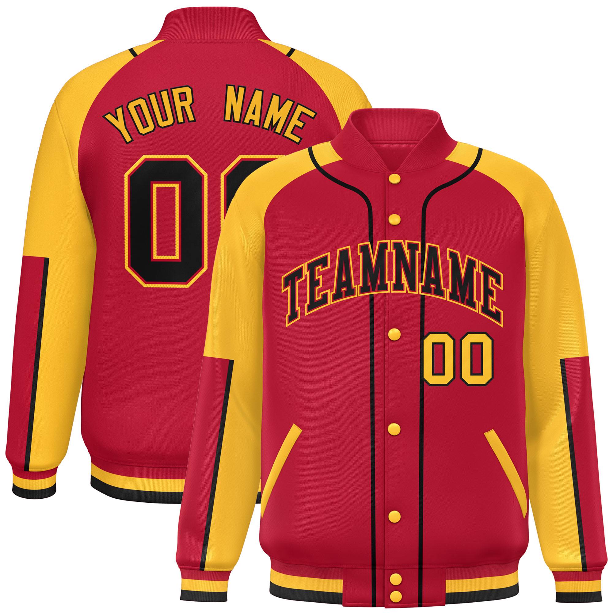 Custom Red Gold-Red Raglan Sleeves Varsity Full-Snap Letterman Baseball Jacket