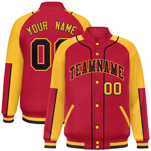 Custom Red Gold-Red Raglan Sleeves Varsity Full-Snap Letterman Baseball Jacket