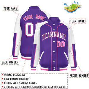 Custom Purple White-Purple Raglan Sleeves Varsity Full-Snap Letterman Baseball Jacket