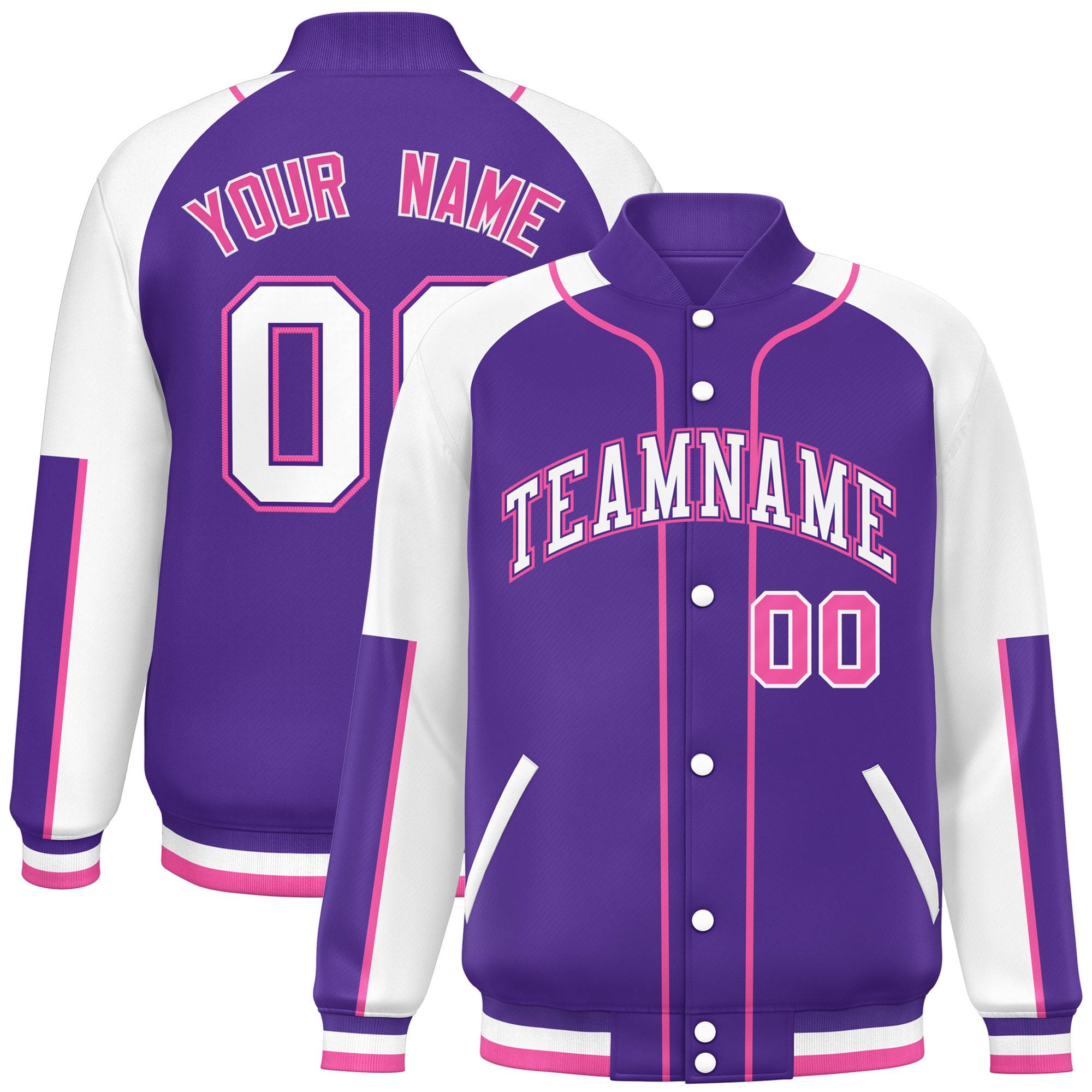 Custom Purple White-Purple Raglan Sleeves Varsity Full-Snap Letterman Baseball Jacket