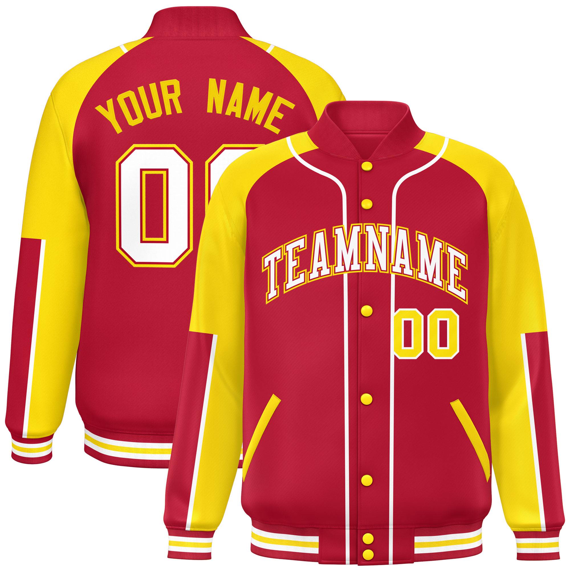 Custom Red Yellow-Red Raglan Sleeves Varsity Full-Snap Letterman Baseball Jacket