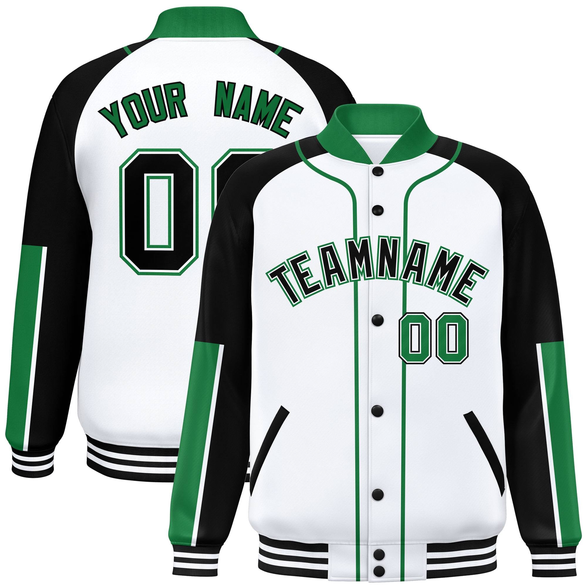 Custom White Black-Kelly Green Raglan Sleeves Varsity Full-Snap Letterman Baseball Jacket