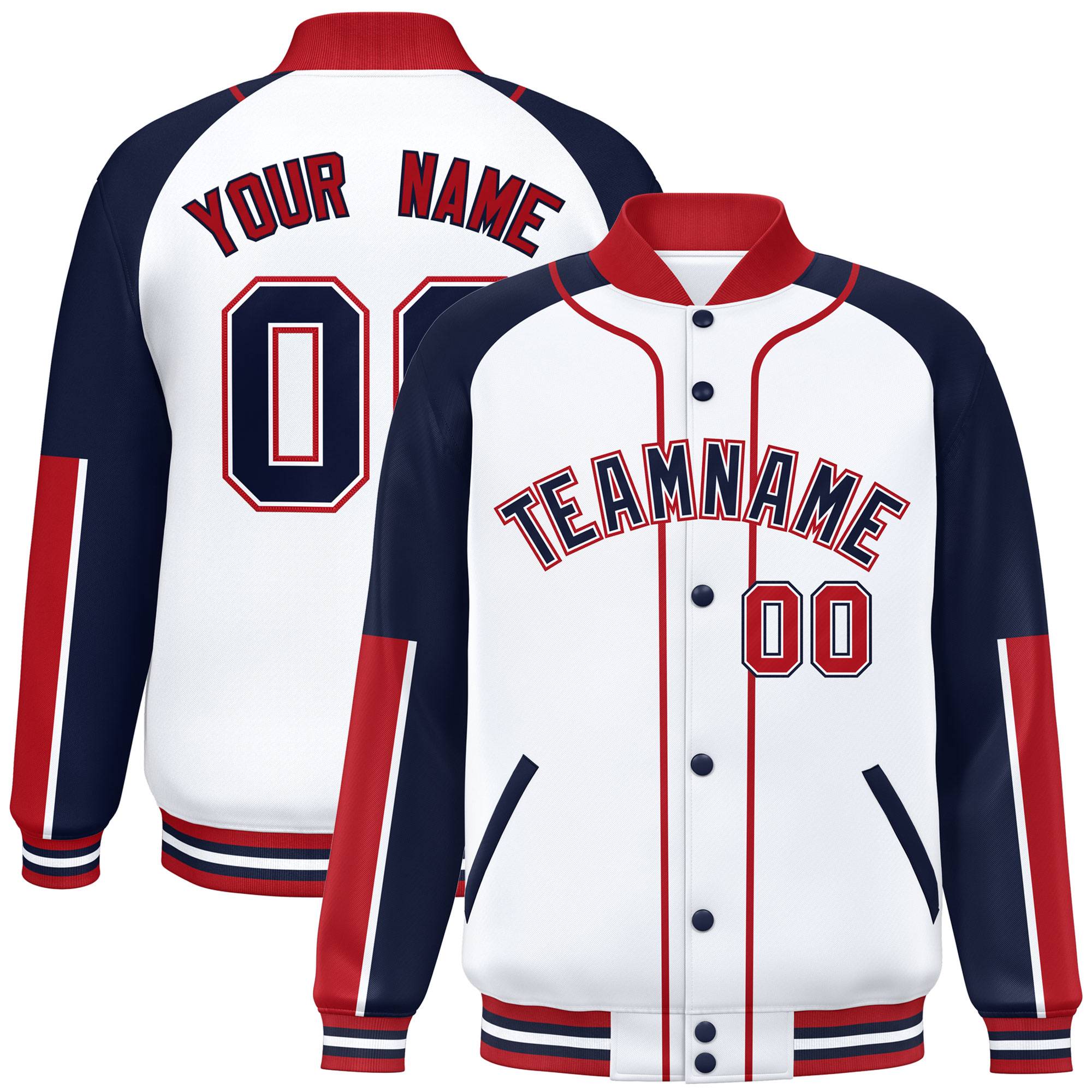 Custom White Navy-Red Raglan Sleeves Varsity Full-Snap Letterman Baseball Jacket