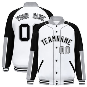 Custom White Black-Gray Raglan Sleeves Varsity Full-Snap Letterman Baseball Jacket