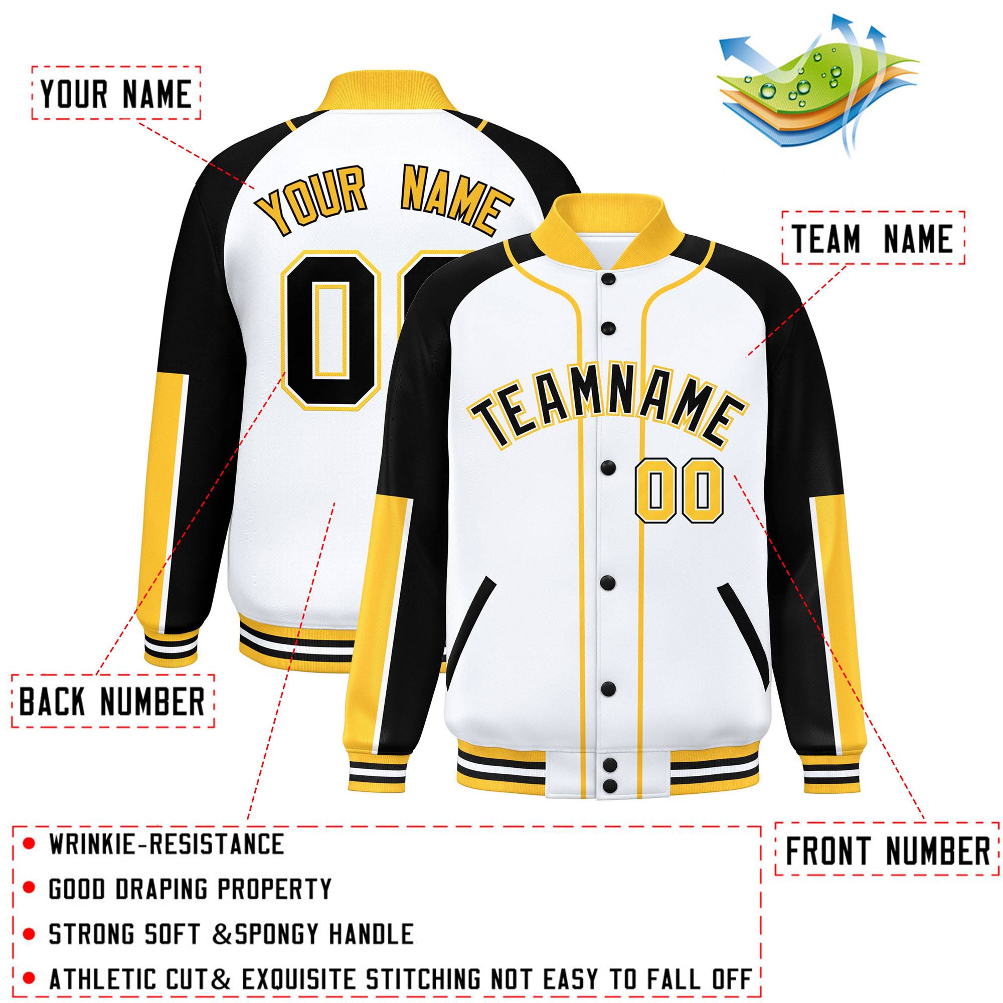 Custom White Black-Gold Raglan Sleeves Varsity Full-Snap Letterman Baseball Jacket