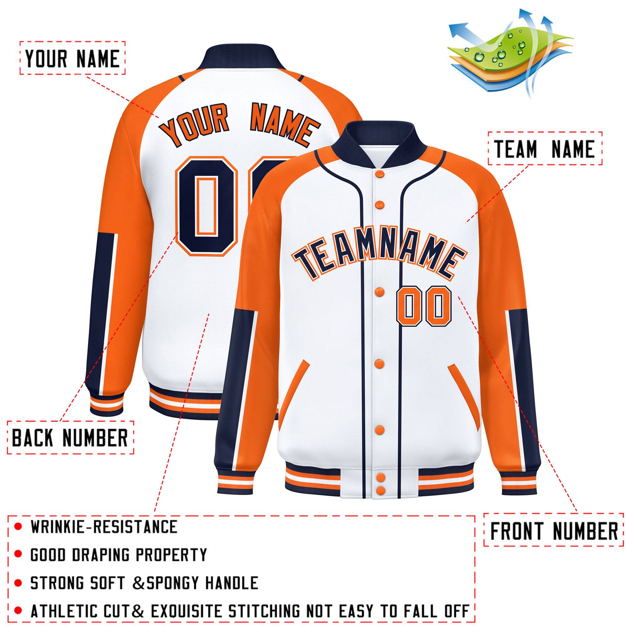 Custom White Orange-Navy Raglan Sleeves Varsity Full-Snap Letterman Baseball Jacket