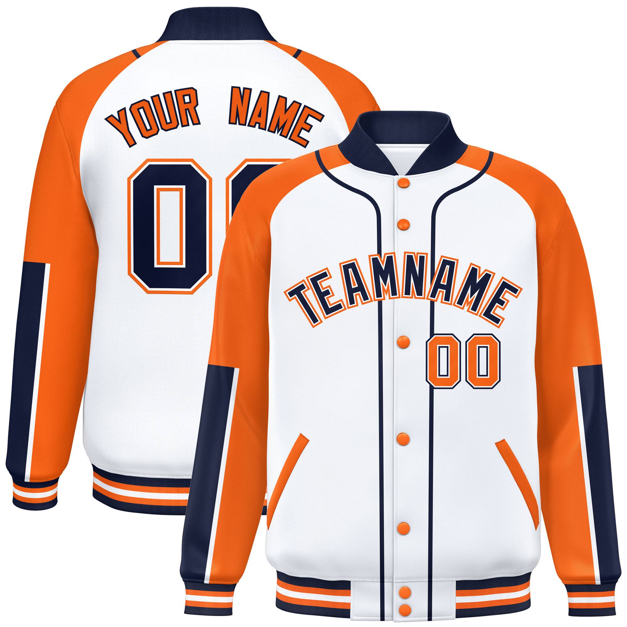 Custom White Orange-Navy Raglan Sleeves Varsity Full-Snap Letterman Baseball Jacket