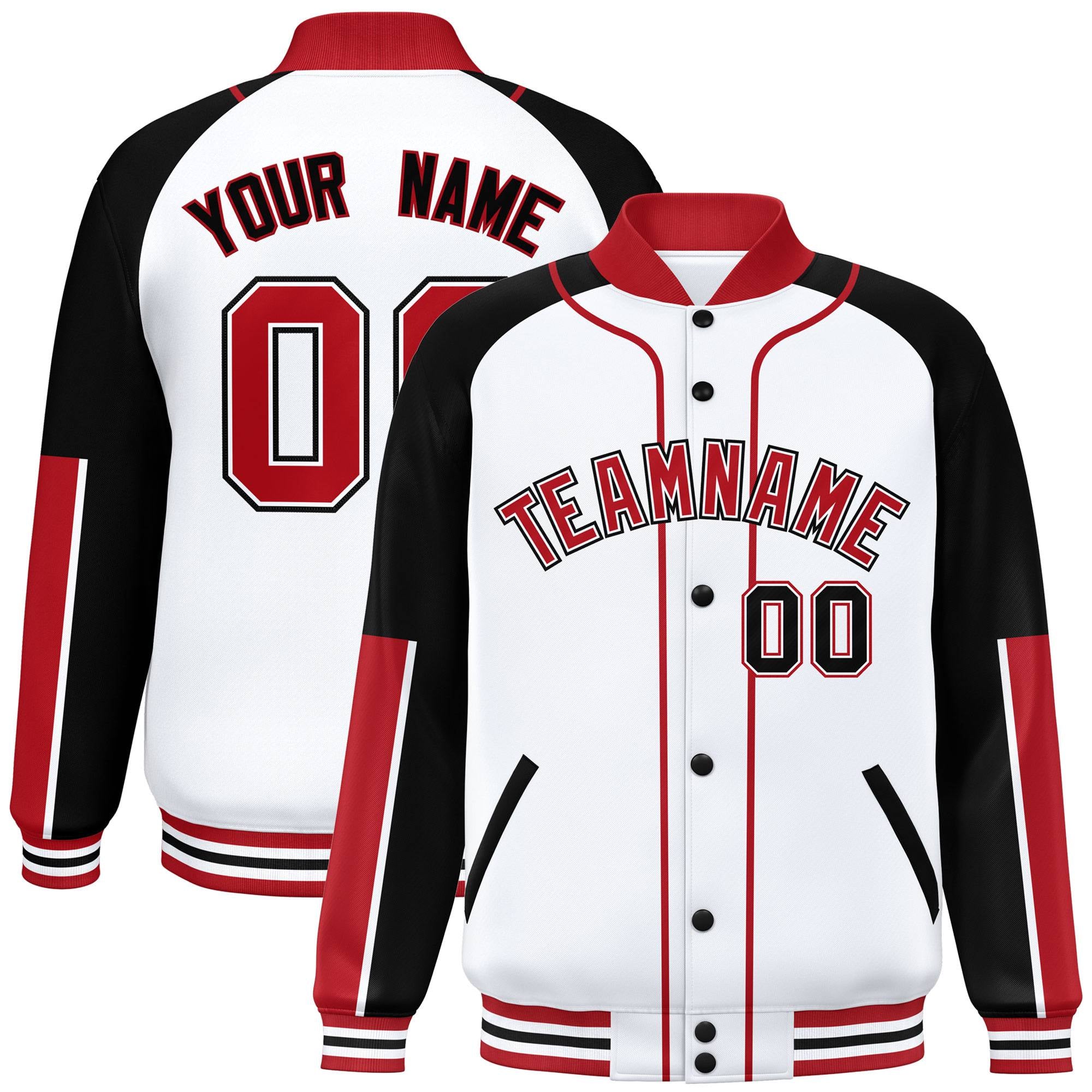 Custom White Black-Red Raglan Sleeves Varsity Full-Snap Letterman Baseball Jacket