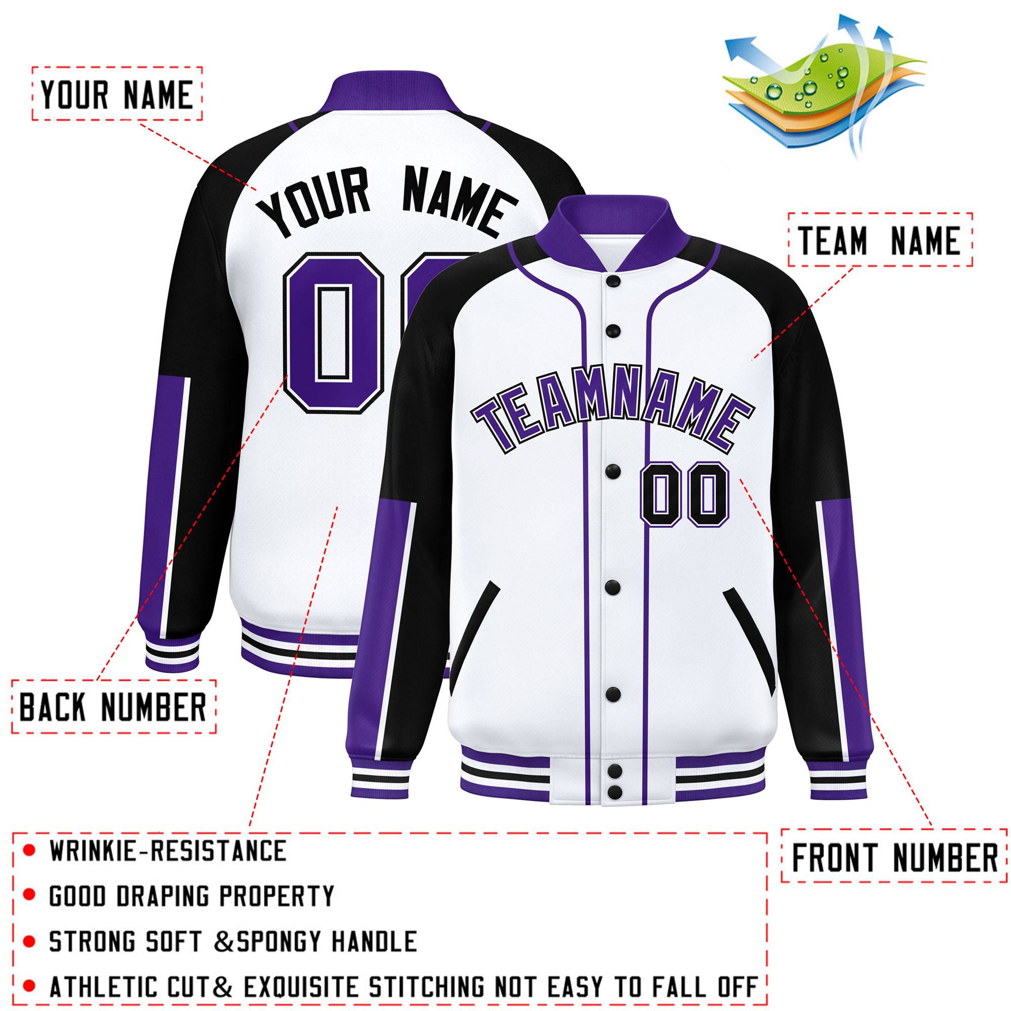 Custom White Black-Purple Raglan Sleeves Varsity Full-Snap Letterman Baseball Jacket