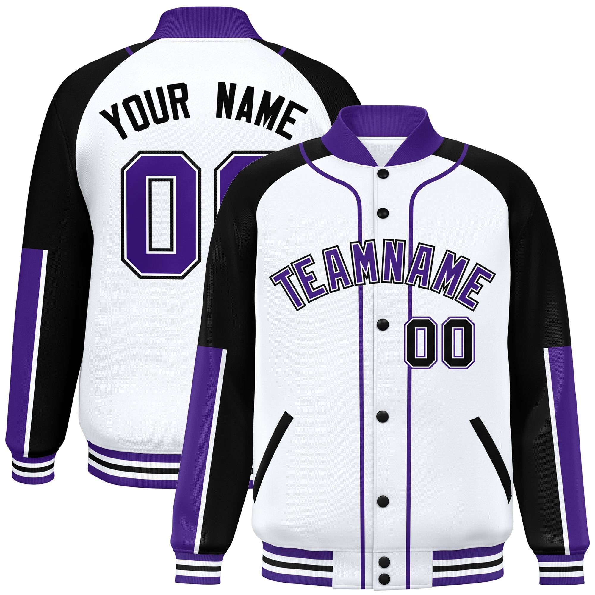 Custom White Black-Purple Raglan Sleeves Varsity Full-Snap Letterman Baseball Jacket