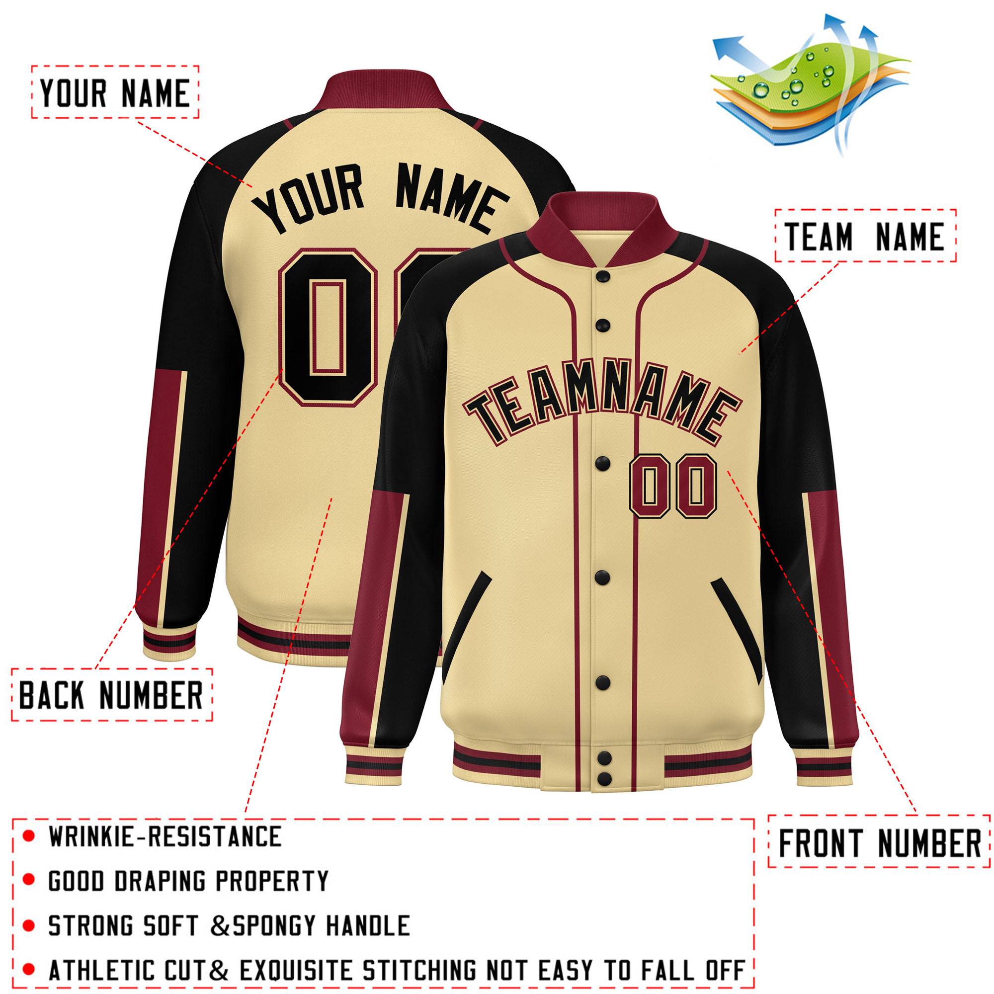 Custom Khaki Black-Crimson Raglan Sleeves Varsity Full-Snap Letterman Baseball Jacket