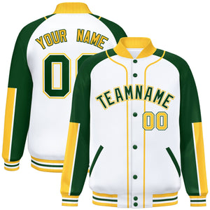 Custom White Green-Gold Raglan Sleeves Varsity Full-Snap Letterman Baseball Jacket