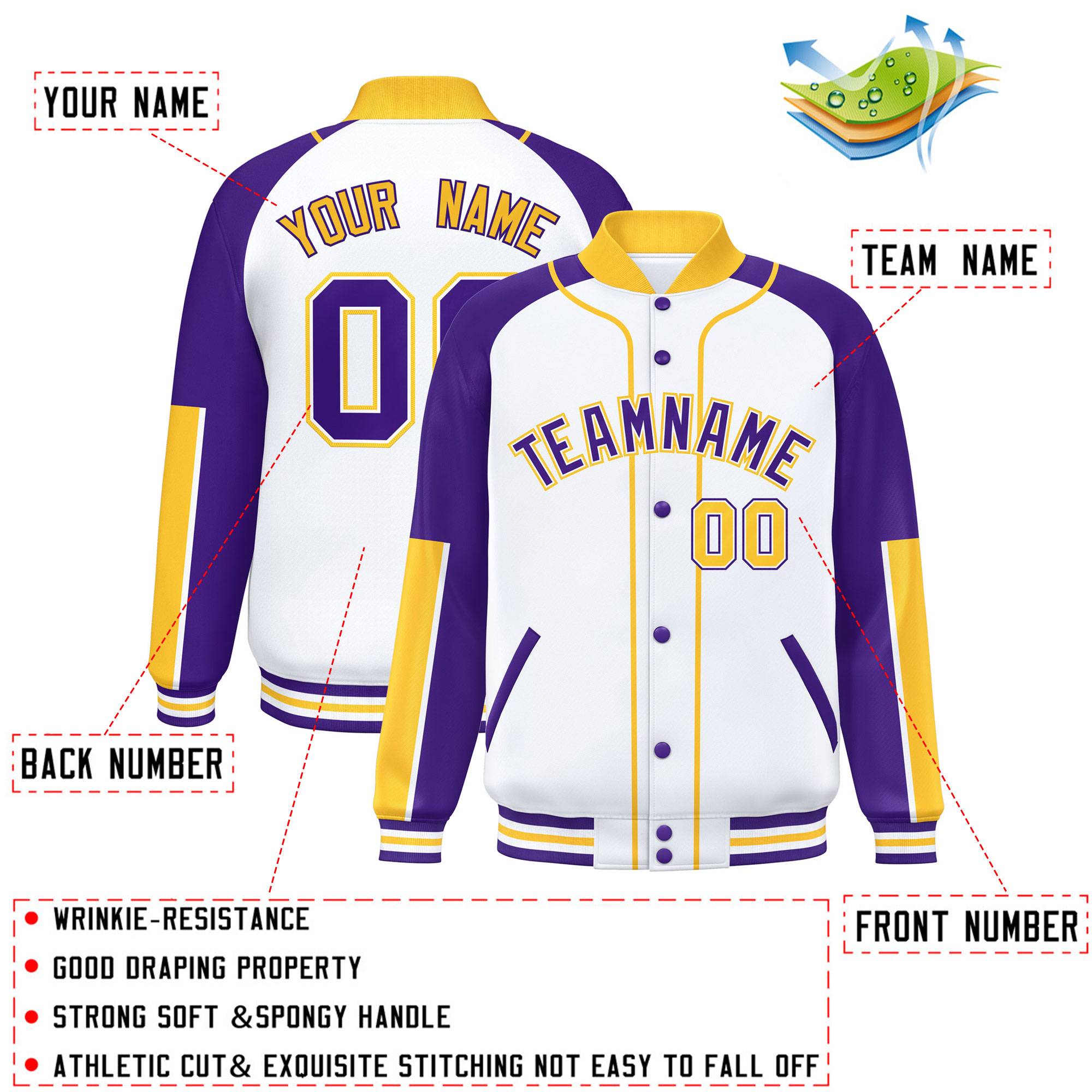 Custom White Purple-Gold Raglan Sleeves Varsity Full-Snap Letterman Baseball Jacket