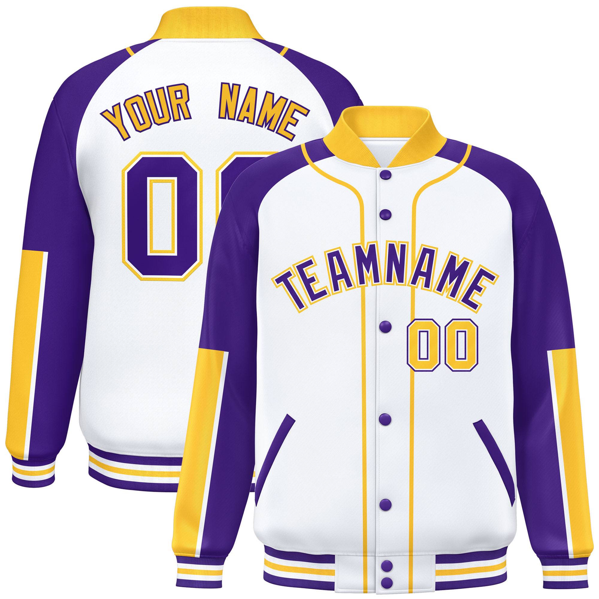 Custom White Purple-Gold Raglan Sleeves Varsity Full-Snap Letterman Baseball Jacket