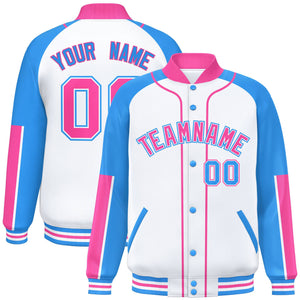 Custom White Powder Blue-Pink Raglan Sleeves Varsity Full-Snap Letterman Baseball Jacket