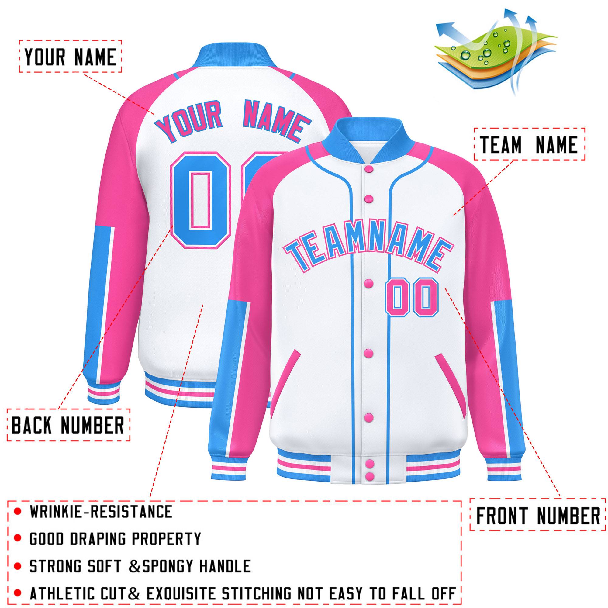 Custom White Pink-Powder Blue Raglan Sleeves Varsity Full-Snap Letterman Baseball Jacket