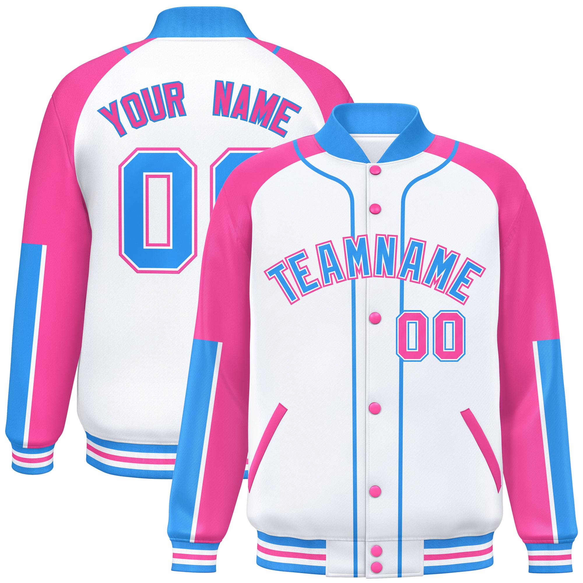 Custom White Pink-Powder Blue Raglan Sleeves Varsity Full-Snap Letterman Baseball Jacket