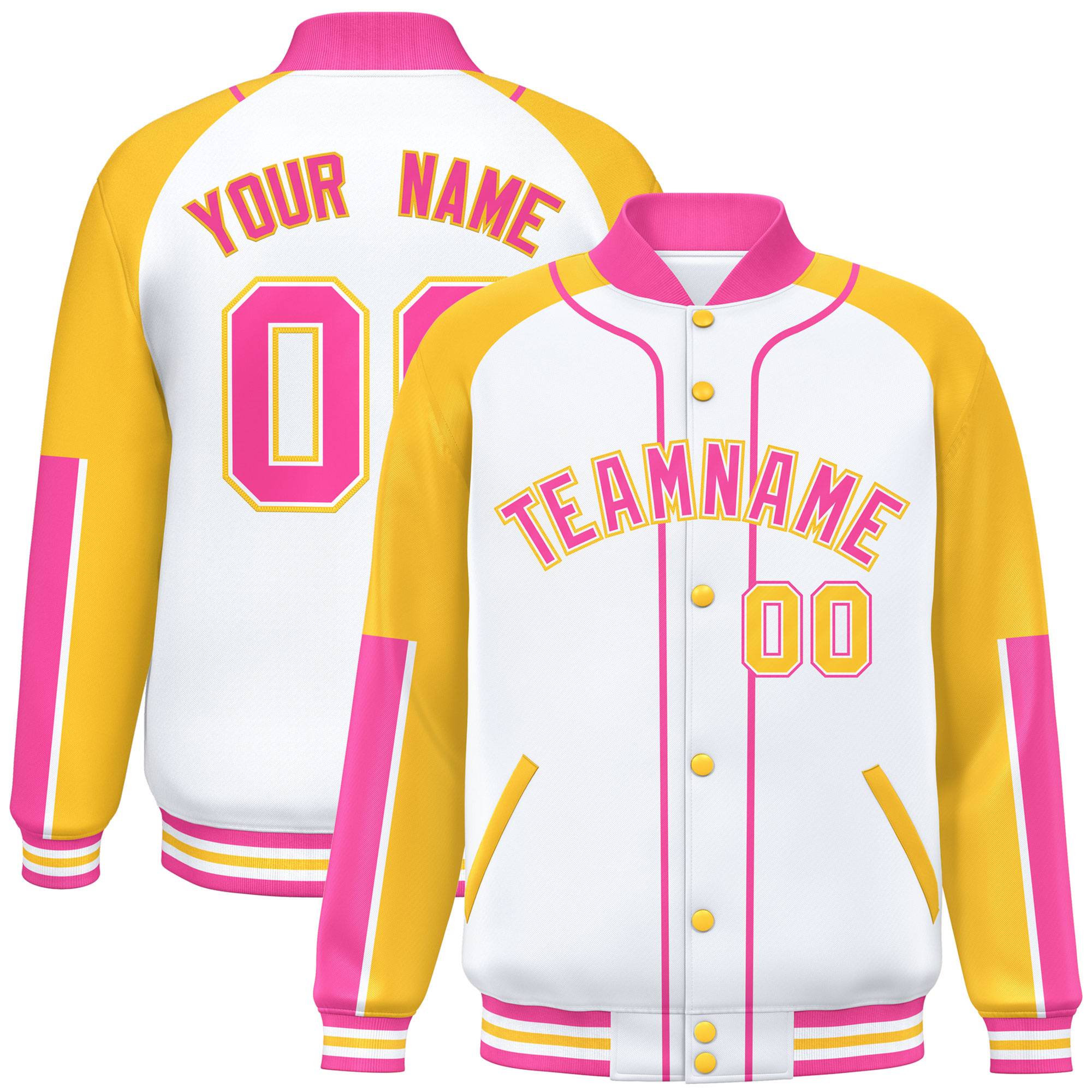 Custom White Gold-Pink Raglan Sleeves Varsity Full-Snap Letterman Baseball Jacket