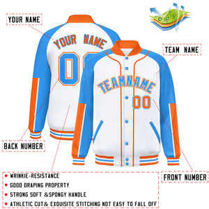 Custom White Powder Blue-Orange Raglan Sleeves Varsity Full-Snap Letterman Baseball Jacket