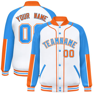 Custom White Powder Blue-Orange Raglan Sleeves Varsity Full-Snap Letterman Baseball Jacket