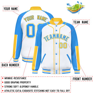 Custom White Powder Blue-Gold Raglan Sleeves Varsity Full-Snap Letterman Baseball Jacket