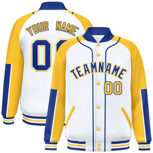 Custom White Gold-Royal Raglan Sleeves Varsity Full-Snap Letterman Baseball Jacket