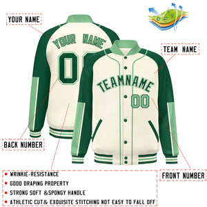 Custom Cream Green-Green Raglan Sleeves Varsity Full-Snap Letterman Baseball Jacket