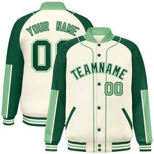 Custom Cream Green-Green Raglan Sleeves Varsity Full-Snap Letterman Baseball Jacket