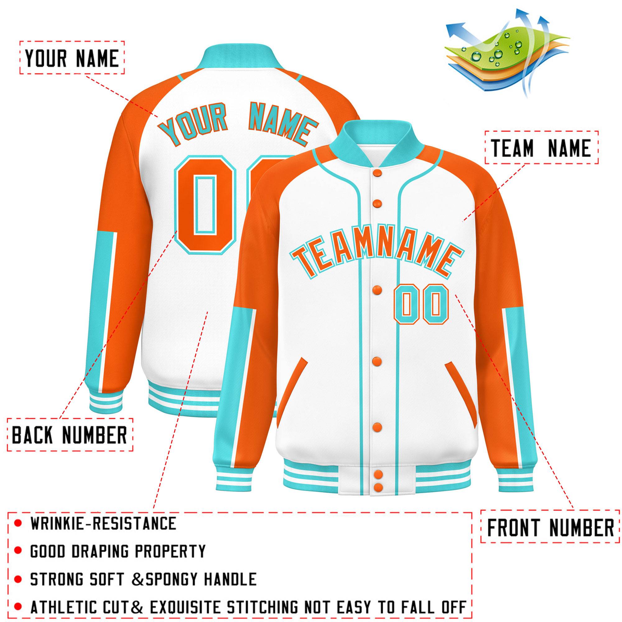 Custom White Orange-Bright Green Raglan Sleeves Varsity Full-Snap Letterman Baseball Jacket