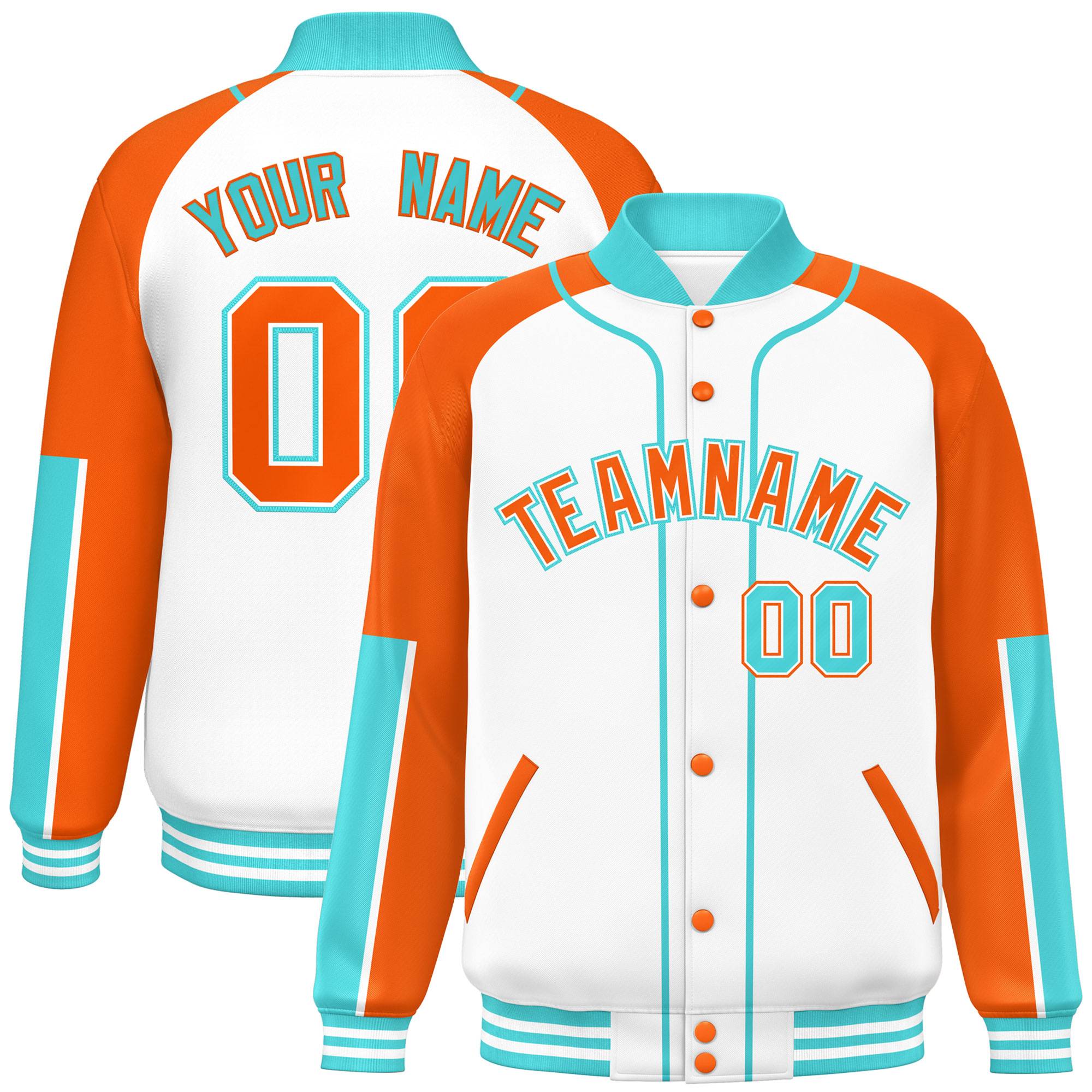 Custom White Orange-Bright Green Raglan Sleeves Varsity Full-Snap Letterman Baseball Jacket