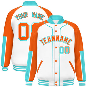 Custom White Orange-Bright Green Raglan Sleeves Varsity Full-Snap Letterman Baseball Jacket