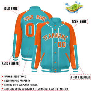 Custom Aqua Orange-Aqua Raglan Sleeves Varsity Full-Snap Letterman Baseball Jacket