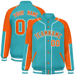 Custom Aqua Orange-Aqua Raglan Sleeves Varsity Full-Snap Letterman Baseball Jacket