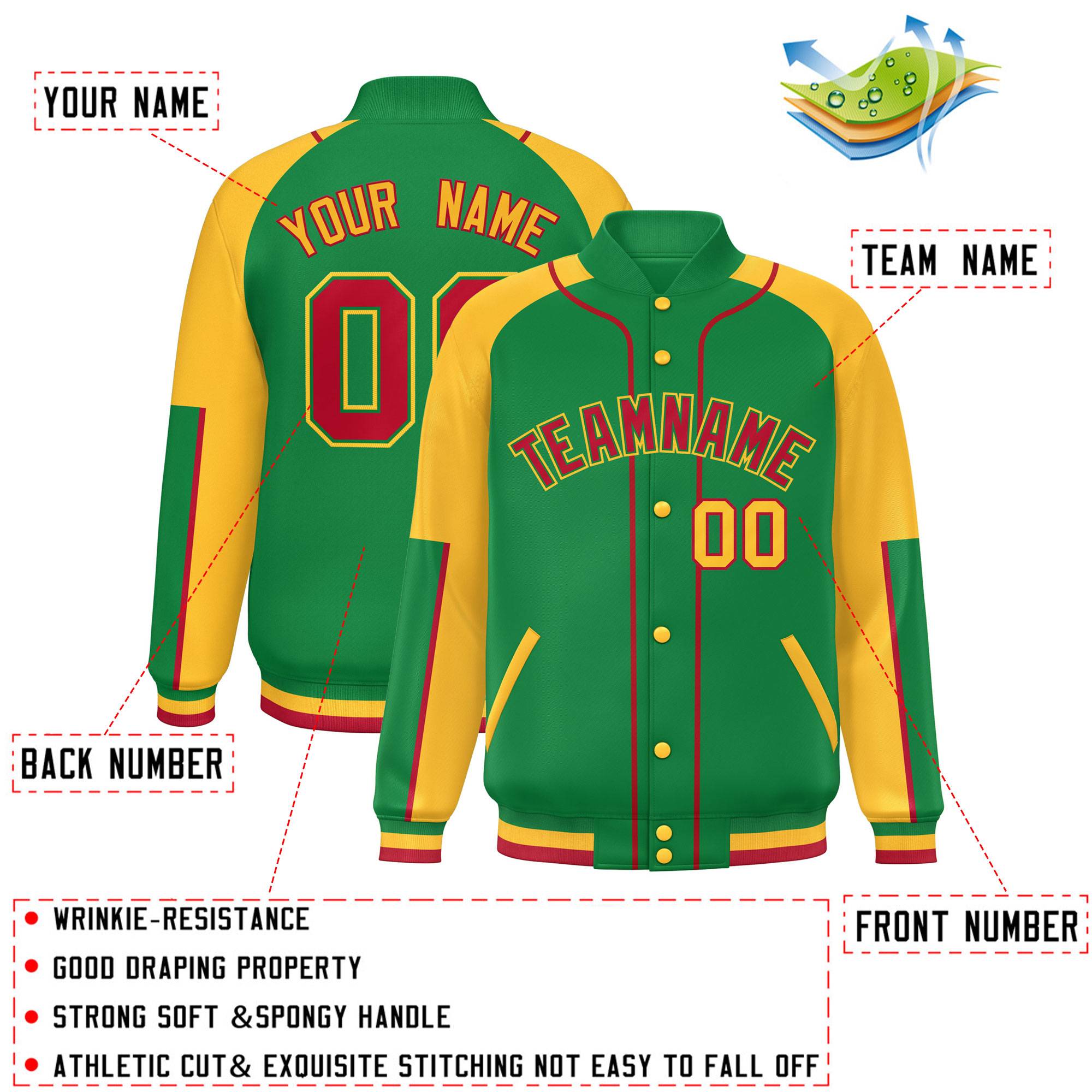 Custom Kelly Green Gold-Kelly Green Raglan Sleeves Varsity Full-Snap Letterman Baseball Jacket