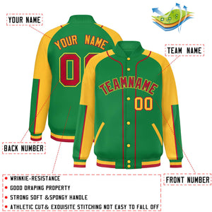 Custom Kelly Green Gold-Kelly Green Raglan Sleeves Varsity Full-Snap Letterman Baseball Jacket