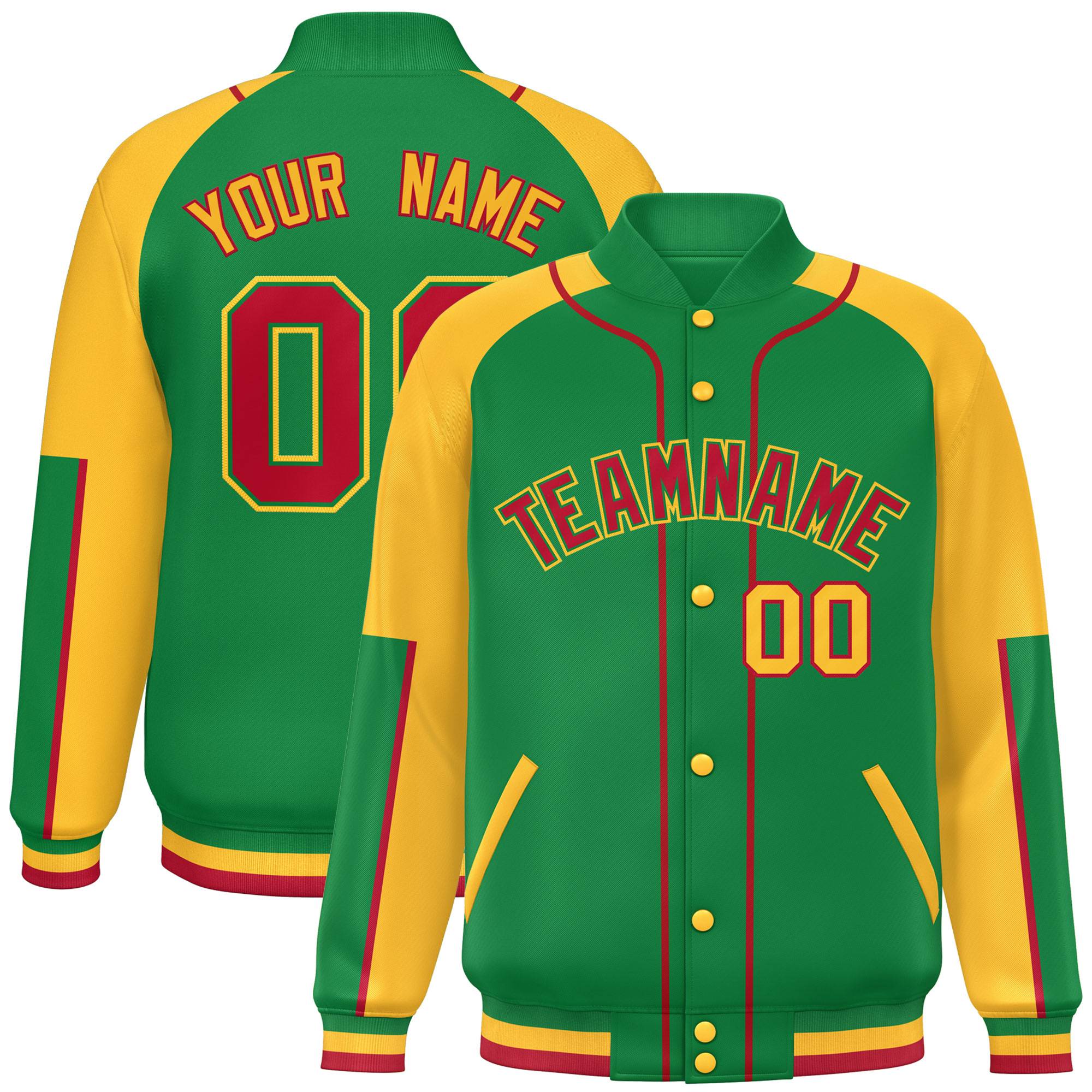 Custom Kelly Green Gold-Kelly Green Raglan Sleeves Varsity Full-Snap Letterman Baseball Jacket