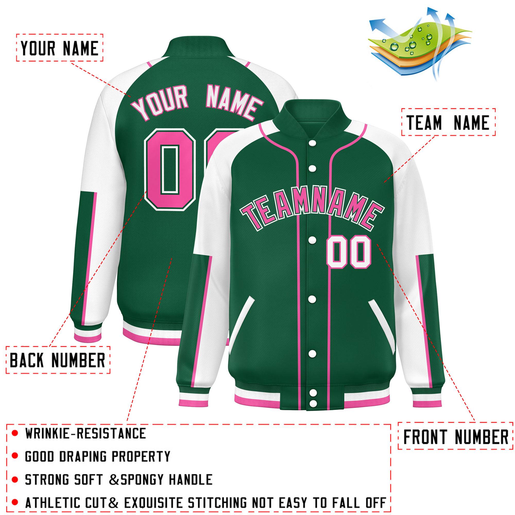 Custom Green White-Green Raglan Sleeves Varsity Full-Snap Letterman Baseball Jacket