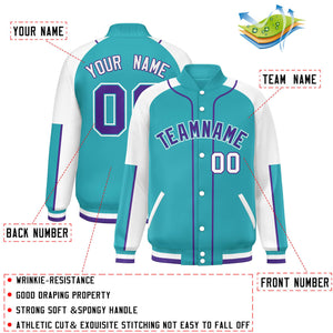 Custom Aqua White-Aqua Raglan Sleeves Varsity Full-Snap Letterman Baseball Jacket