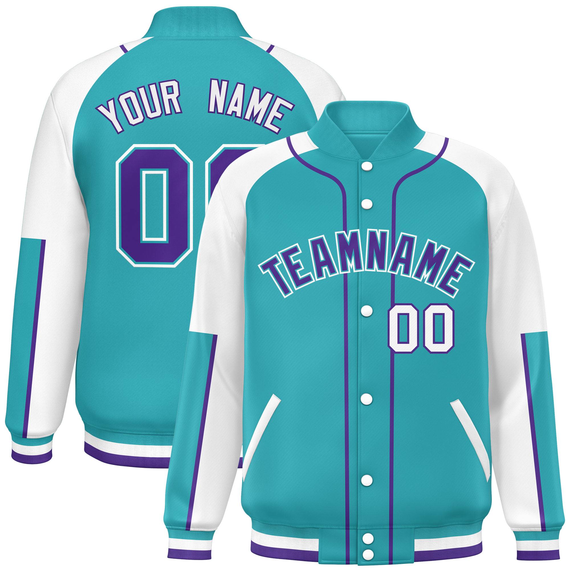 Custom Aqua White-Aqua Raglan Sleeves Varsity Full-Snap Letterman Baseball Jacket