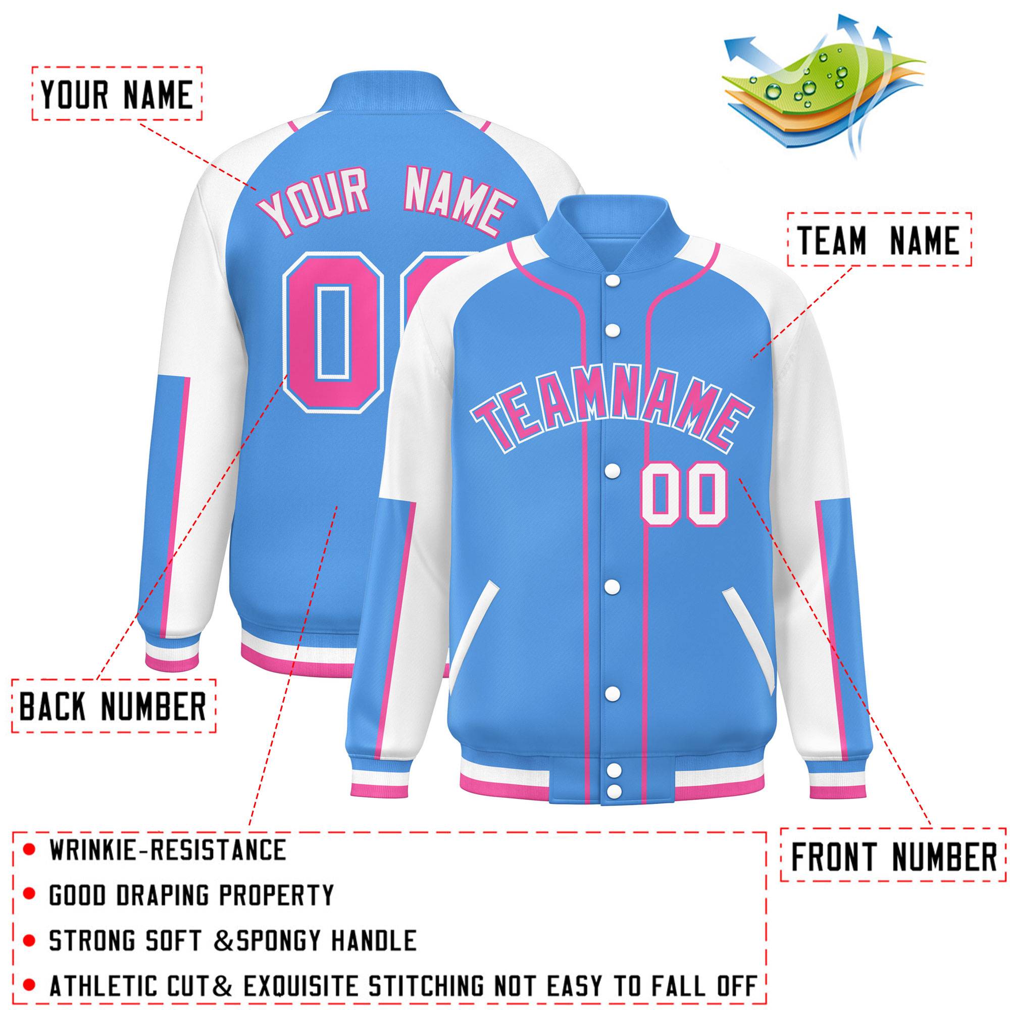 Custom Powder Blue White-Powder Blue Raglan Sleeves Varsity Full-Snap Letterman Baseball Jacket