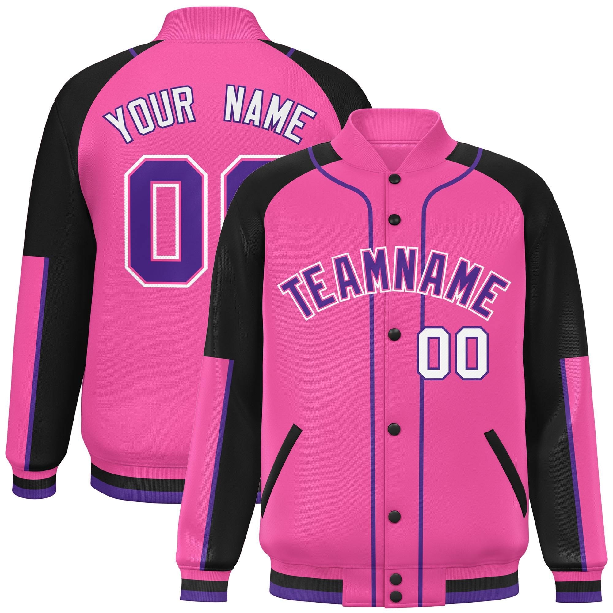 Custom Pink Black-Pink Raglan Sleeves Varsity Full-Snap Letterman Baseball Jacket