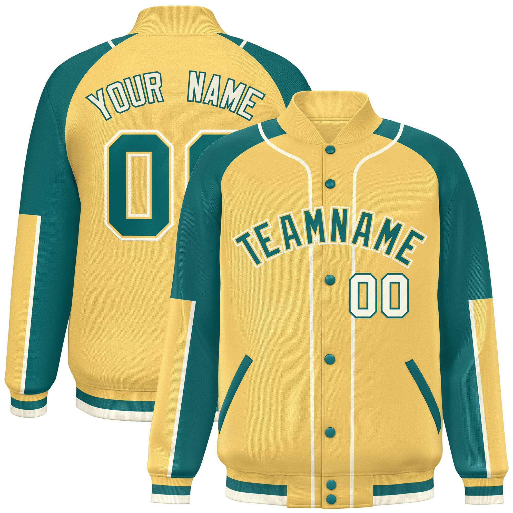 Custom Khaki Aqua-Khaki Raglan Sleeves Varsity Full-Snap Letterman Baseball Jacket