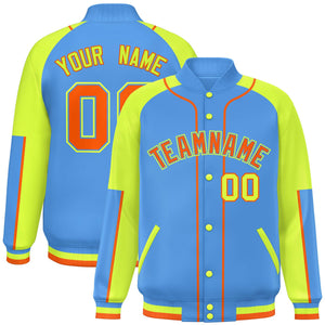 Custom Powder Blue Neon Green-Powder Blue Raglan Sleeves Varsity Full-Snap Letterman Baseball Jacket