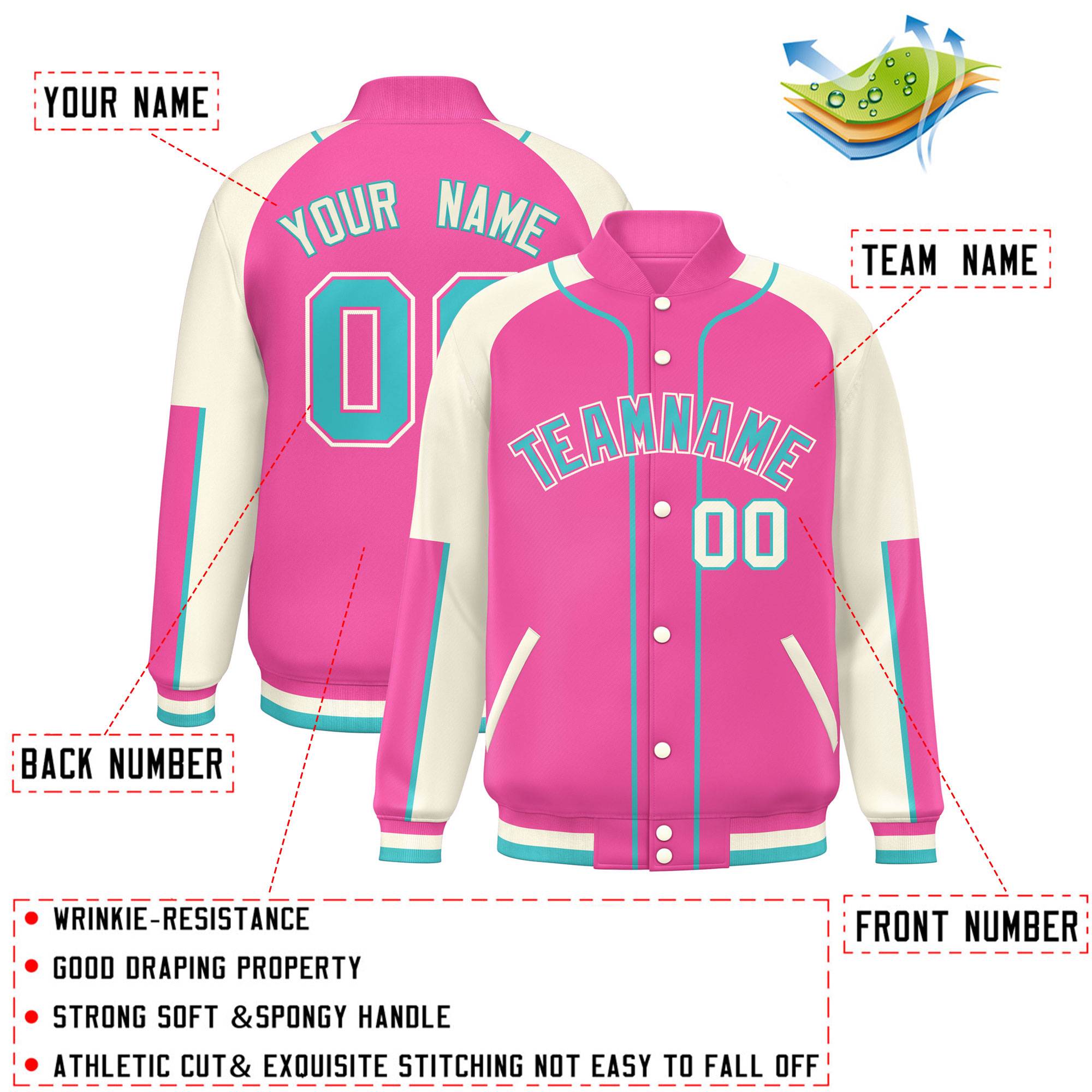 Custom Pink Cream-Pink Raglan Sleeves Varsity Full-Snap Letterman Baseball Jacket