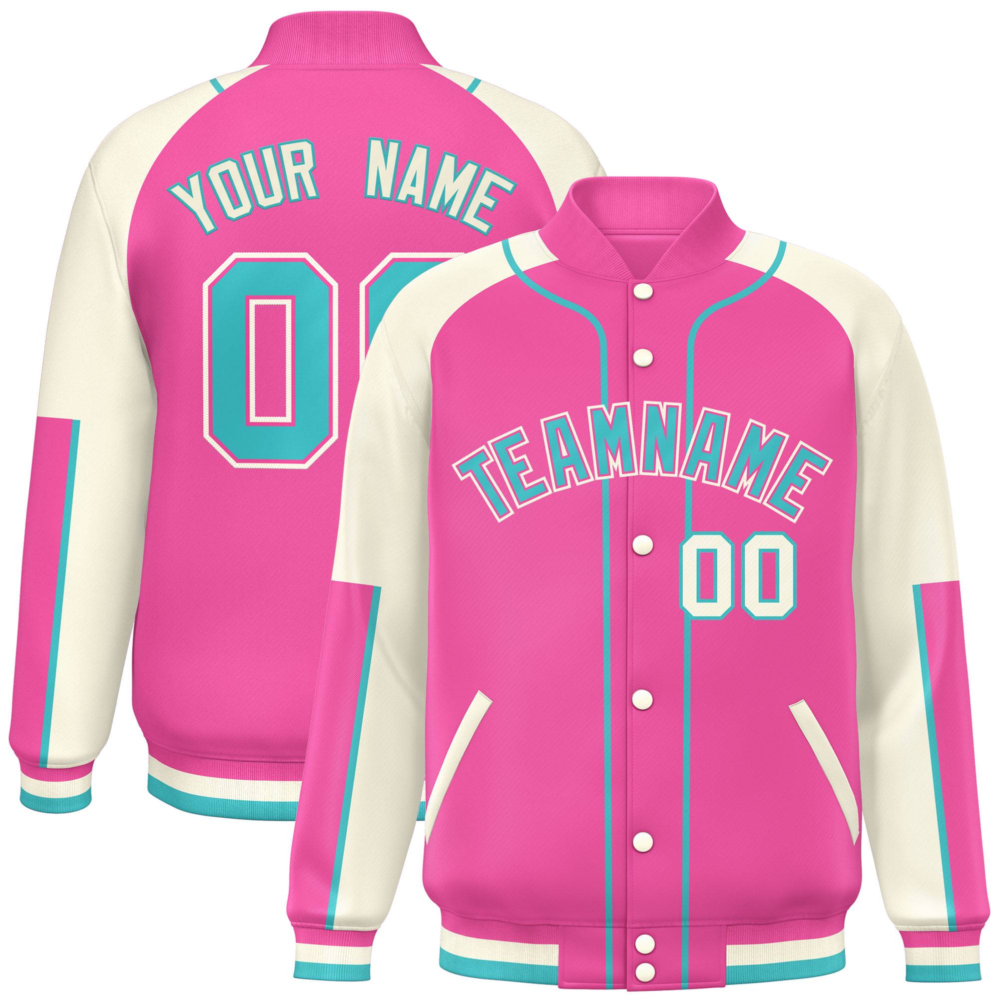 Custom Pink Cream-Pink Raglan Sleeves Varsity Full-Snap Letterman Baseball Jacket